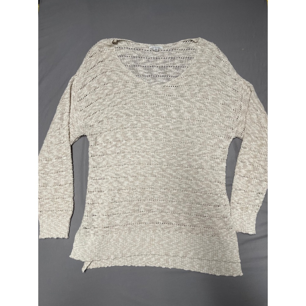 American Eagle Womens Large Cream Beige Open Knit V-Neck Sweater High Low Hem